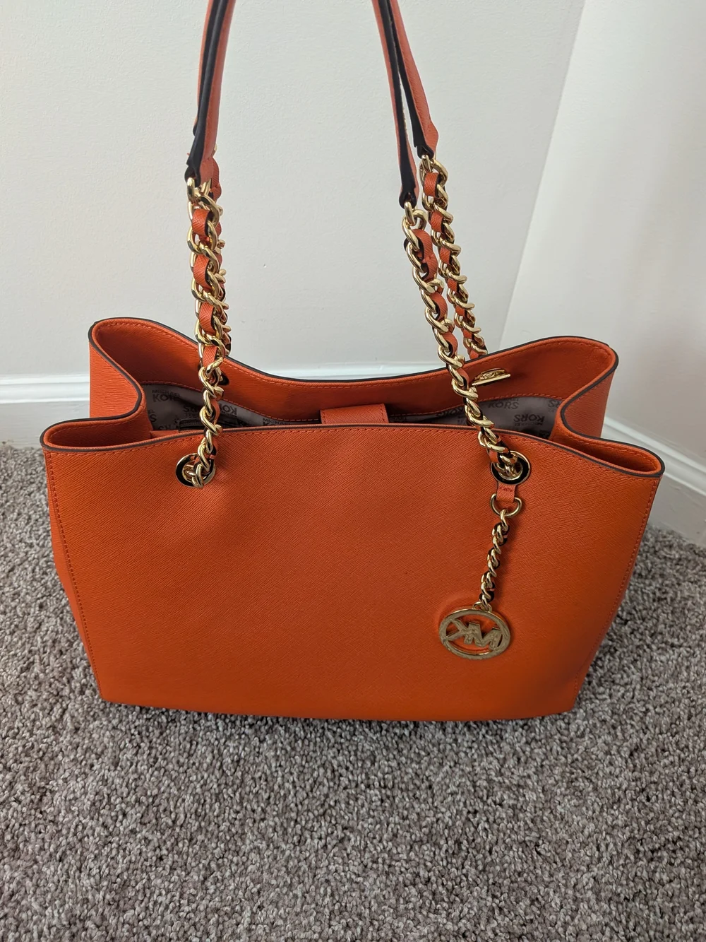 Michael Kors Orange Saffiano Leather Chain Tote